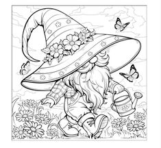 a girl in a hat with flowers on her head and butterflies around her, holding a watering