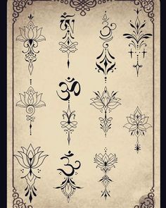 an old fashioned tattoo design with different designs on it's sides and the letters om,