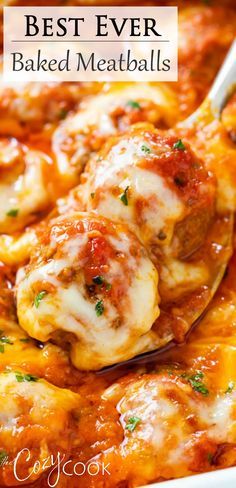 the best ever baked meatballs in a white casserole dish with a spoon