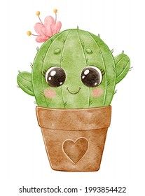 a watercolor drawing of a green cactus in a pot with a heart on it