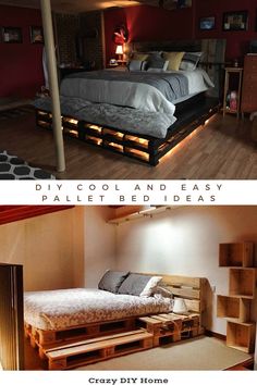 two different pictures of a bed with lights on the bottom and bottom, one is made out of pallet wood