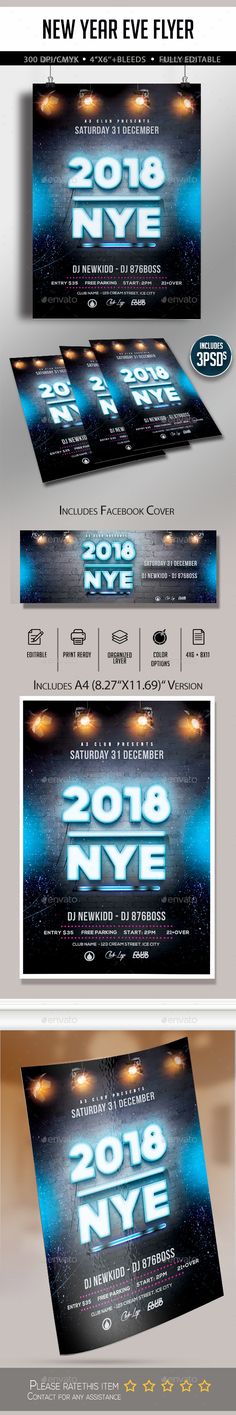 the new year eve flyer is shown in three different colors