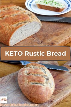 keto rustic bread on a cutting board with a knife and plate in the background