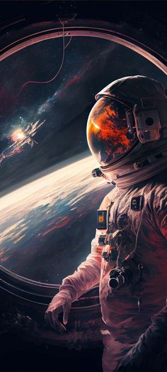 an astronaut in outer space looking out the window