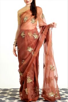 Earthy mud brown embroidered organza silk saree for an ethereal saree look on special occasions. Designed by Neha Gupta. Diwali Dresses, Bridal Chura, Organza Silk Saree, Gold Blouse, Zari Work, Silk Sari, Blouse For Women, Brown Silk