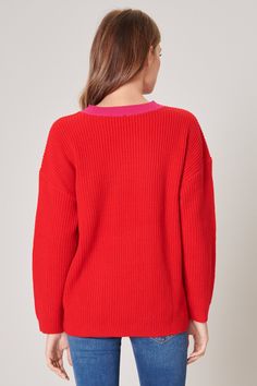 Sweet as bubblegum. This oversized sweater features a round neck with long sleeves and a chevron color block detail. Perfect for cool days and sipping on something warm. Wear it around the house or for casual outings. Pair it with ribbed lounge pants or denim and sneakers.- Round neck- Oversized fit- Chevron pattern- Color block- Color: Red FuchsiaSize + Fit - Model is 5'10" and wearing size S- Measurements taken from size S - Chest: 43"- Length: 26 1/4" fabricSelf: 90% Acrrylic, 10% Nylon style Wide Sleeve Sweater, Striped Turtleneck, Striped Sleeve, Color Block Sweater, Chevron Pattern, Wide Sleeves, Oversized Sweater, Sweater Sleeves, Lounge Pants