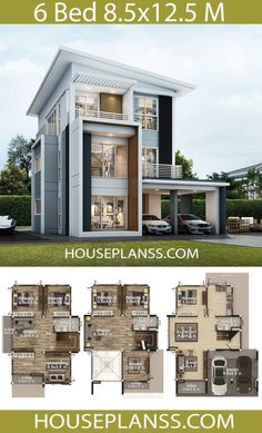 two story house plan with floor plans and garages in the front, side and back