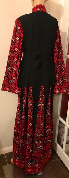 2 Piece Black Dress/ Abaya/ Kaftan/ Thobe and matching belt | Etsy Traditional Red Embroidered Maxi Dress, Traditional Embroidered Red Maxi Dress, Red Embroidered Floor-length Maxi Dress, Traditional Black Maxi Dress For Festive Occasions, Black Dresses With Traditional Patterns For Eid, Black Long Kaftan With Intricate Embroidery, Red Long Abaya For Eid, Black Embroidered Floor-length Abaya, Eid Dresses With Traditional Black Patterns