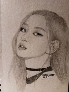 a pencil drawing of a girl with long hair wearing a choker and necktie