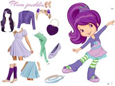 the paper doll is dressed up as a purple haired girl