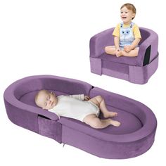 two children's beds with babies in them sitting on one and the other facing each other