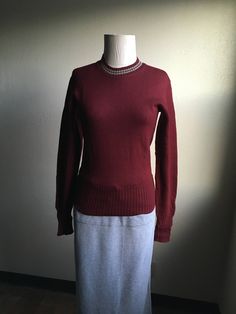 "1950s Octonek Knitting Co. wool pullover sweater maroon w/grey neck stripes wide rib cuffs/hem made in Seattle, WA, USA original owner's name tag good vintage condition, light wear has a slight moth ball odor elbow patches on inside of sleeves no size tag, fits like an xs/s measures, lying flat, unstretched, shoulder- 16\" chest- 17\" hem- 12\" sleeve- 25\"" Fitted Burgundy Crew Neck Sweater, Vintage Solid Sweater With Ribbed Cuffs, Wool Pullover, Long Sweaters Cardigan, Dress Shoes Womens, Elbow Patches, 50s Fashion, Smock Dress, Name Tag