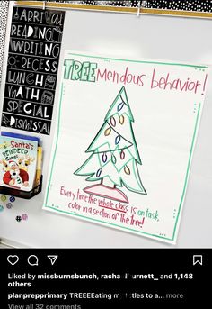 a white board with writing on it and a drawing of a christmas tree next to it