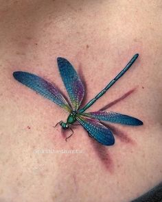 a blue and green dragonfly sitting on the back of a woman's chest