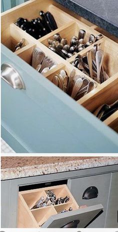 an open drawer with spoons and utensils in it next to a kitchen counter