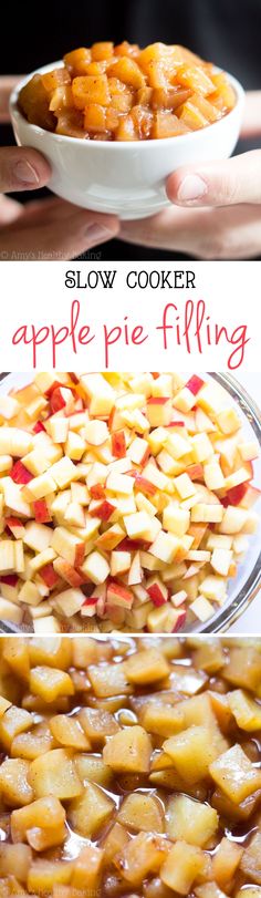 apple pie filling in a white bowl with text overlay