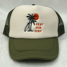 Pray For Surf Embroidered Olive Green White Surfer Trucker Mesh Snapback Hat Cap Brand New With Tags. Made By Jack’s Surfboards. Olive Green & White With Embroidered Logo. Pray For Surf Trucker Mesh Back Snap Back Hat Cap. #Surf #Surfing #Beach #Skate #Skateboarding Really Nice Looking Hat. Please See All Pictures For Details Surf Hat, Adidas Snapback, New York Cap, Pray For Surf, Red Beer, Daytona Beach Bike Week, Surf Hats, Surf Logo, Leather Baseball Cap