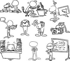 black and white cartoon people doing different things in the office, including an image of a man