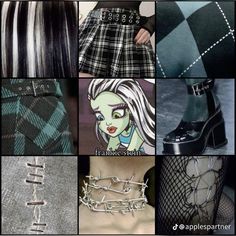 many pictures of different outfits and shoes with chains attached to the bottom part of them