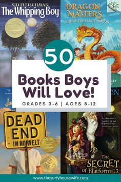 the book cover for 50 books boys will love, which includes an image of a dragon and