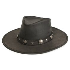 This durable classic is handmade from genuine ruff leather that keeps the sun and other elements out. A band wraps around with studs and unique Buffalo nickel metal accents with a small tie in back. Personalize this wide brimmed hat by shaping it to suit your style. The brim has hidden steel wire, so you can wear this western hat any way you want. Small: Head Measurement of 21 1/8in - 21 1/2in ; Medium: Head Measurement of 21 7/8in - 22 1/4in ; Large: Head Measurement of 22 5/8in - 23in ; X-Large: Head Measurement of 23 1/2in - 24in Australian Hat, Cowboy Design, Minnetonka Moccasins, Western Hat, Buffalo Nickel, Western Design, Western Hats, Leather Hats, Metal Accents