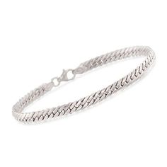 Ross-Simons - Italian 14kt White Gold Cuban-Link Bracelet. 8". On this bracelet, flat Cuban links tightly interlock to create a delicate, woven look. Made in Italy. Lobster clasp, 14kt white gold Cuban-link bracelet. Elegant Sterling Silver Snake Chain Bracelet With Lobster Clasp, Formal Snake Chain Bracelet, Classic Link Bracelets With Diamond Cut, Elegant Sterling Silver Snake Chain Bracelet, Elegant Braided Bangle Bracelet With Sterling Silver Clasp, Classic Formal Braided Bracelet, Classic Gold Jubilee Bracelet With Snake Chain, Classic Snake Chain Bracelet For Formal Occasions, Classic Sterling Silver Chain Bracelet With Diamond Cut