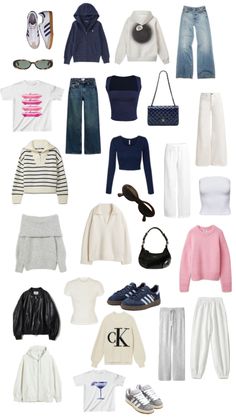 a bunch of clothes and shoes are arranged on a white background