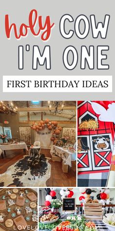 a collage of photos with the words, i'm cow i'm one first birthday ideas