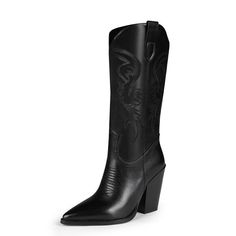 PRICES MAY VARY. 👢 [Embroidered Design] Premium PU leather paired with a classic stitch pattern maintains the aesthetics of the classic women's cowboy boots. 👢 [The Suport You Need] The Jersey lining has a durable, breathability liner and engineered cushioning for long-lasting support and comfort. Easy to put on and take off with pull tabs. 👢 [Anti-skid Outsole] The rubber sole makes you get maximum foot stability and comfort all day long no matter which terrain you're in. 👢 Heel Height: 3.9 Western Square Toe Knee-high Boots For Winter, Classic Faux Leather Knee-high Boots For Winter, Classic Winter Knee-high Faux Leather Boots, Western Faux Leather Boots For Fall, Trendy Leather Boots For Western-themed Events, Western-themed Knee-high Heeled Boots For Winter, Western Knee-high Faux Leather Boots, Western Style Faux Leather Mid-calf Boots With Round Toe, Classic Closed Toe Heeled Boots For Winter