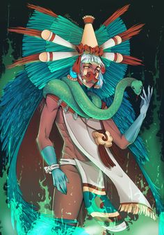 an image of a man with feathers on his head and arms, holding a snake around his neck