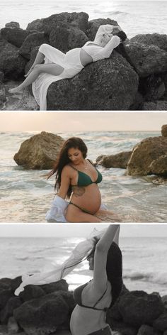 three different photos of pregnant women in bikinis on rocks near the ocean and water