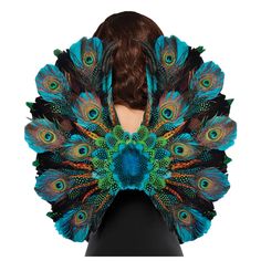 the back of a woman's head, with peacock feathers on her shoulders and behind her is a black mannequin