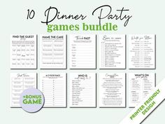 the 10 dinner party games bundle is shown in green and white