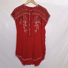 Nwt Johnny Was Embroidered Red Lightweight Blouse. Size S Beautiful Embroidery Buttons Are Embroidered As Well Stitching Details At Edges Vibrant Red Color Boho Vacation Casual Beach Southwest Southwestern Aztec