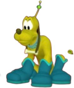 the cartoon dog is wearing blue rubber boots and has his head tilted to the ground