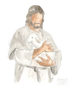 a drawing of jesus holding a lamb in his arms