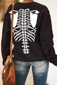 Halloween Skeleton Skull Print Sweatshirt Halloween Black Skull Print Outerwear, Halloween Black Outerwear With Skull Print, Halloween Crew Neck Streetwear Outerwear, Halloween Long Sleeve Outerwear With Skull Print, Grunge Crew Neck Outerwear For Fall, Halloween Skull Sweatshirt In Black, Black Skull Sweatshirt For Halloween, Black Halloween Sweatshirt With Skull, Black Halloween Skull Sweatshirt