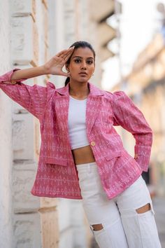 Pink Single Buttoned Handwoven Ikat Jacket | Organic | Work Wear Ikat Weaving, Spring Dress, Seasonal Fashion, Traditional Techniques