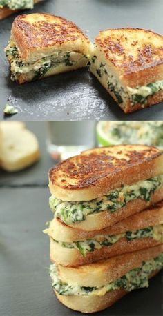 there are two pictures of grilled cheese sandwiches with spinach and lemon slices on the side