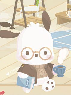 an animal with glasses and a book on the floor next to a coffee cup in front of him