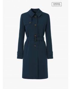 Permanent Collection 4 button closure Belt in matching fabric Back vent Fully lined Cinzia Rocca Icons metal logo  Shirt collar Set-in sleeves On-seam side pockets Belted cuffs with button Blue Trench Coat, Logo Shirt