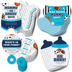 four baby shower products with sports designs on them