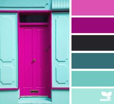 the color scheme is pink, blue and green with an image of a purple door