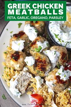 chicken meatballs with feta, garlic, and parsley on a white plate