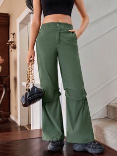 Solid Color Parachute Pants Army Green Casual   Woven Fabric Plain Parachute Medium Stretch  Women Clothing, size features are:Bust: ,Length: ,Sleeve Length: Army Green, Parachute Pants, Women Clothing, Woven Fabric, Womens Bottoms, Length Sleeve, Pants For Women, Textiles, Solid Color