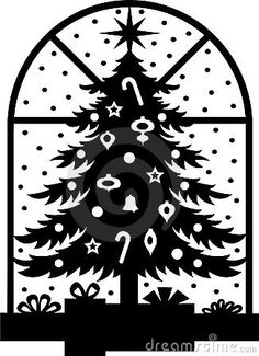 a black and white silhouette of a christmas tree in front of a window with presents