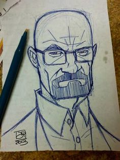 a drawing of a man with glasses and a beard on paper next to a pen