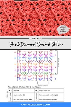 Shell Diamond crochet stitch features embossed diamond shapes filled with tiny shell motifs. The resulting crocheted fabric is simply gorgeous. The stitch is slightly complex as there are a lot of front and back post stitches.   #aabharcreations #crochetwithaabhar #crochetstitch #crochetlover #howtocrochet #crochetpattern #crocheteveryday #crochet #crochetdesign #yarnaddict #instacrochet #haken #freepattern #freecrochetpattern #videotutorial Crochet Diamond Stitch, Crochet Stitch Chart, Crochet Stitches Texture, Diamond Crochet, Crochet Stitches Chart, Loom Knitting Projects, Back Post Double Crochet, Steel Crochet Hooks, Crochet Stitches Free