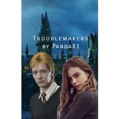 two people standing next to each other in front of a castle with the words troublemakers by pandaxii