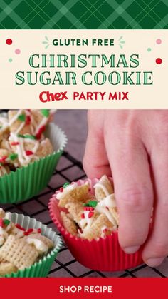 christmas sugar cookie mix in red paper cups on a cooling rack with text overlay reading gluten free christmas sugar cookie chex party mix